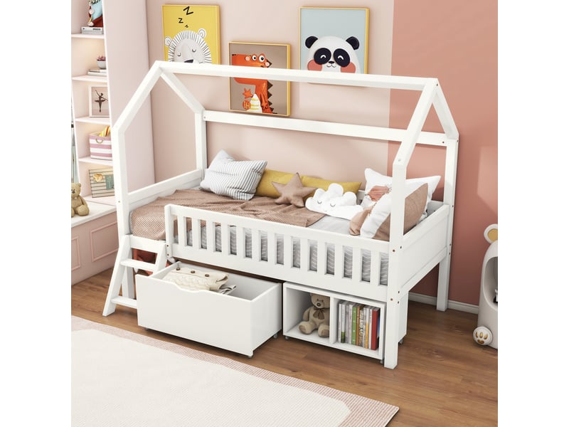  Lit cabane enfant 90x200 cm avec tiroirs et rangements - bois massif blanc barrière de sécurité  - Conforama C