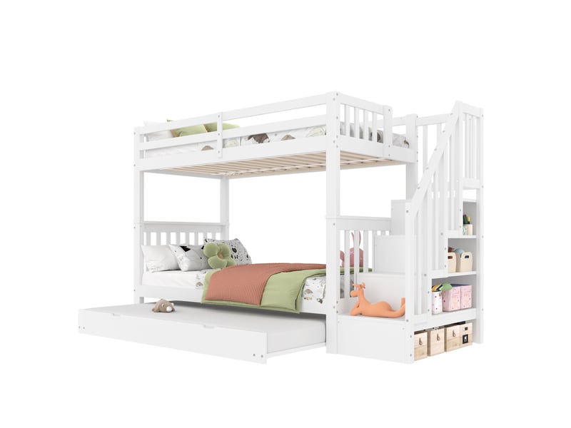  Lit superposé 90 x 200 cm avec lit gigogne, escalier à rangements et garde-corps hauts, certifié en 747-1, blanc  - Conforama A