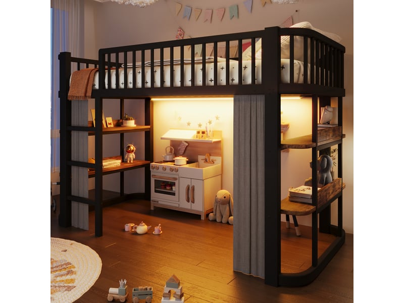  Lit mezzanine enfant 90x200 cm en métal avec rideaux occultants, lit haut niveau inférieur modulable, éclairage led, lit gain de place, noir Seren Glow - Conforama B