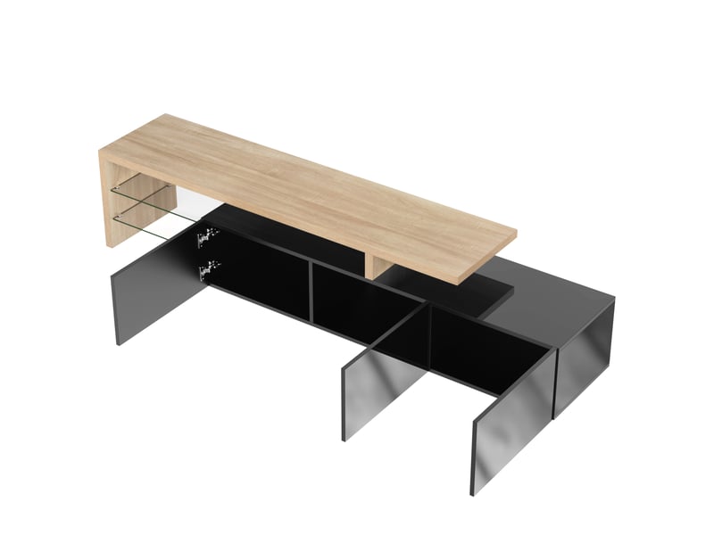  Meuble tv 197,5 cm avec 3 rangements, tablettes en verre et led 7 couleurs via application, mdf, noir et effet bois naturel Fay Lum - Conforama E