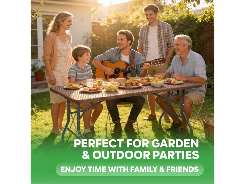 Table pliante extérieur 180x70cm, table pliable jardin pour 8 personnes, marron avec plateau plastique effet rotin & cadre métal, 150 kg, 3 verrous sécurité, table de buffet pour jardin balcon - Conforama E