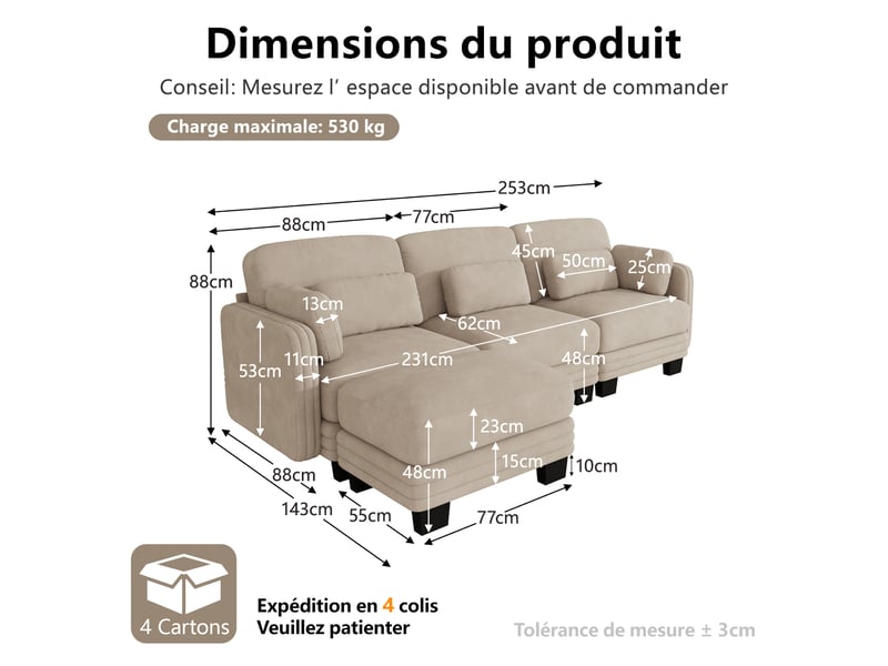  Canapé d’angle modulable 253 cm 3 places avec pouf, coussins d’accoudoir amovibles, coussins lombaires épais à soutien renforcé, chenille, marron clair  - Conforama D