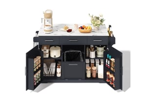 Îlot de cuisine mobile avec plateau rabattable, 3 tiroirs, rangements et meuble poubelle, 136 x 75 x 92 cm evryae