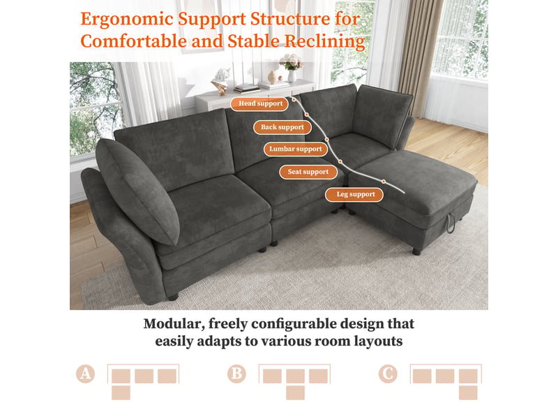  Canapé d'angle modulable en chenille, gris 4 places avec pouf de rangement, assise confortable pour salon et chambre, 225x137x84cm.  - Conforama D