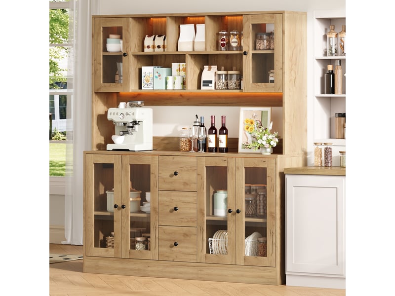 Colonne cuisine 150x40x173 cm, armoire haute avec led et prises, rangement avec 6 portes acrylique et 3 tiroirs, vitrine pour salon et salle à manger - Conforama D