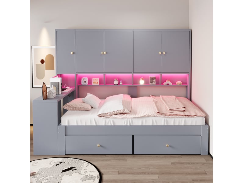 Lit simple 90 × 200 cm avec bureau, rangements, deux tiroirs, led et prises intégrées, structure en mdf grise - Conforama E
