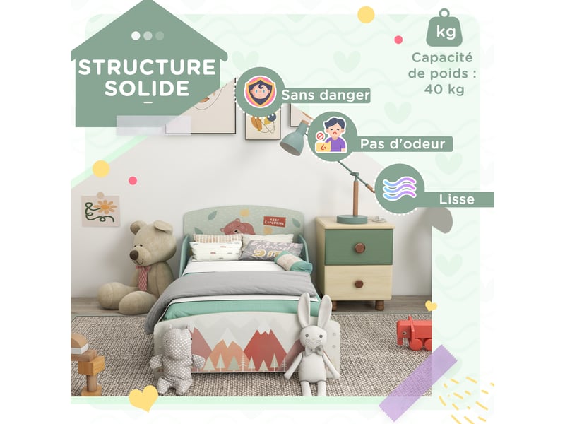  Lit pour enfant 3-6 ans avec barrières de sécurité et motifs dim. 77 x 143 x 60 cm sommier à lattes inclus - vert  - Conforama R