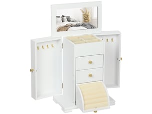 Boîte à bijoux femme à 4 niveaux, coffre à bijoux en bois avec ailes, miroir et 2 tiroirs, blanc, 26,5x16 x33,5 cm