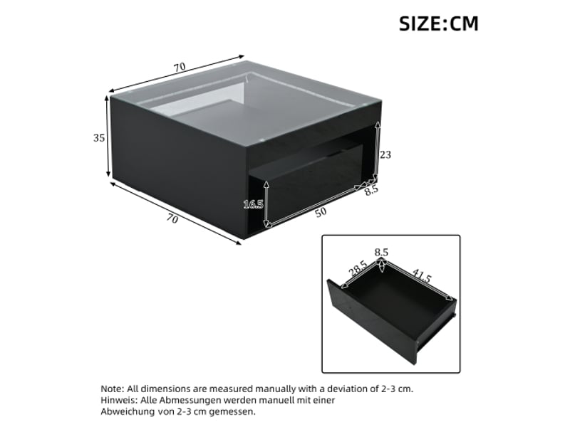  Table basse noire laquée 70x70 cm, 2 tiroirs, verre trempé et led, design ajouré – table de salon  - Conforama C