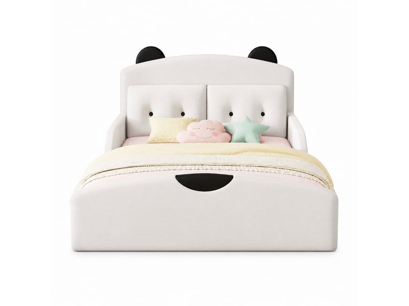  Lit double 140x200 cm tête de lit ours rembourrée en lin blanc  - Conforama A