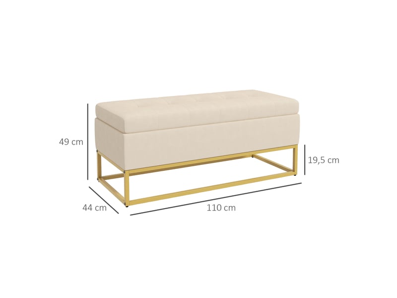  Banc de rangement 110 x 44 x 49 cm beige en polyester, couvercle relevable, pieds en acier doré  - Conforama C