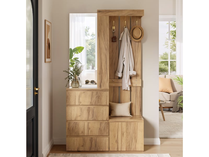 Vestiaire d’entrée avec miroir, 4 tiroirs, 1 porte, naturel, 100 x 35 x 180 cm - Conforama E