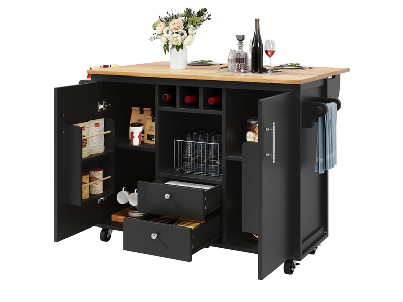  Îlot de cuisine noir et blanc avec plateau pliant, rangement pour vin et épices, 137x73x92 cm  - Conforama A