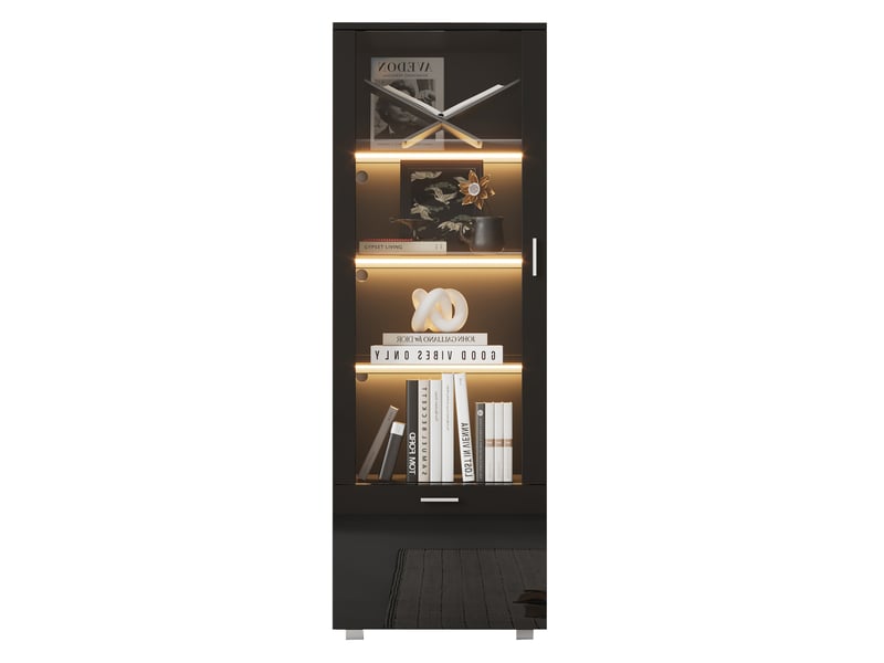 Vitrine led avec 3 étagères en verre, porte en acrylique et rangement bas pour salon, noir, 40 × 50 × 160 cm - Conforama A