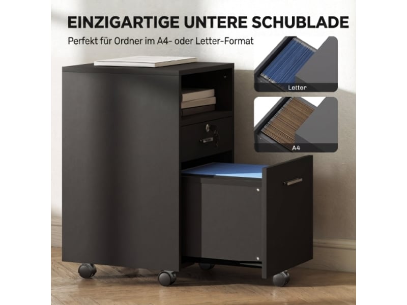  Caisson de bureau noir, 2 tiroirs, 1 verrouillable, 5 roulettes, 40x40x65 cm  - Conforama D