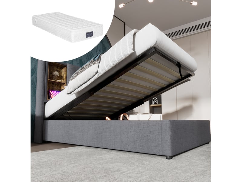  Modenvie lit coffre 90x200 cm - chargement sans fil, usb et rangement, matelas inclus - gris  - Conforama B