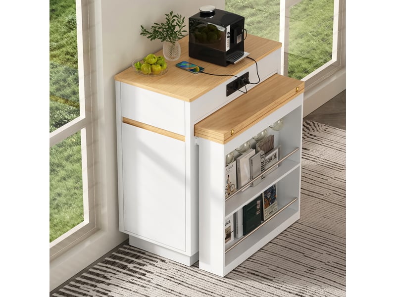  Desserte de cuisine extensible 58x80,5x94 cm, crochets et prises, roulettes, blanc, mdf et panneau de particules  - Conforama E