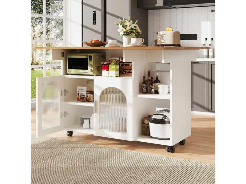  Îlot de cuisine avec plateau rabattable et desserte de cuisine sur roulettes, meuble de rangement blanc en mdf avec portes en verre, 120x70x79.5cm  - Conforama E