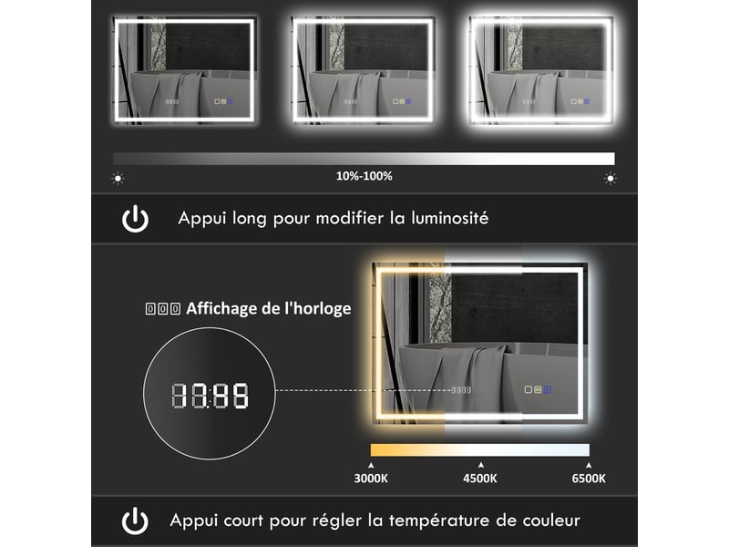  Miroir salle de bain led bluetooth 80 x 100 cm interrupteur tactile lumière réglable 3 couleurs anti-buée mémoire argent  - Conforama R