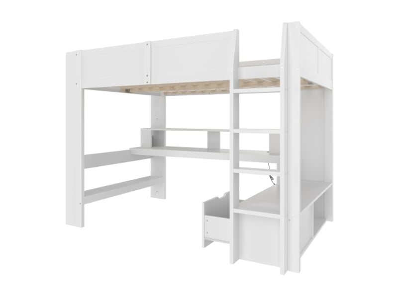  Lit mezzanine 140x200 cm avec bureau, tiroir, étagères ouvertes et éclairage led, blanc, sans matelas  - Conforama E