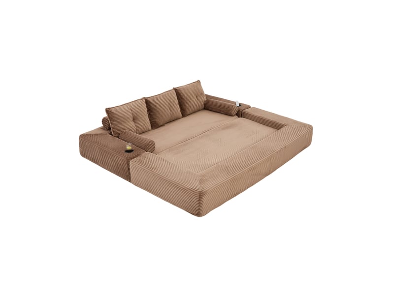  Canapé convertible 3 places avec couchage, poches latérales, porte-gobelets et coussins en velours côtelé marron  - Conforama A