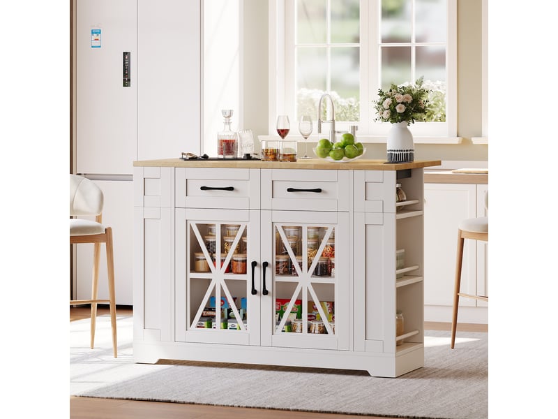  Îlot de cuisine roulant 120cm avec table pliante, prises acusb, portes en verre et étagères, desserte sur roulettes pour salle à manger  - Conforama D