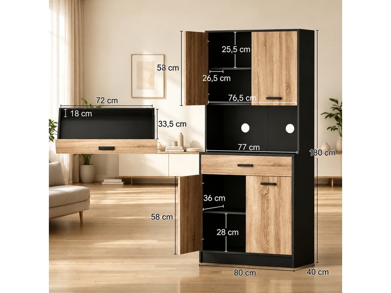  Armoire de cuisine style industriel noir et bois naturel, 4 portes et 1 tiroir, 80 x 40 x 180 cm  - Conforama C
