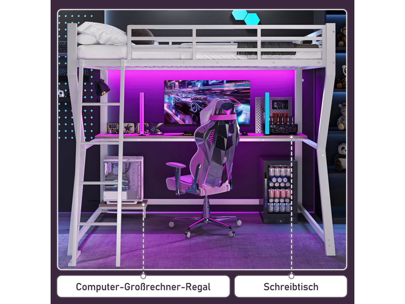  Lit superposé 90x200 cm blanc, leds, bureau intégré, console pc, usb, garde-corps et escalier - sans matelas  - Conforama D