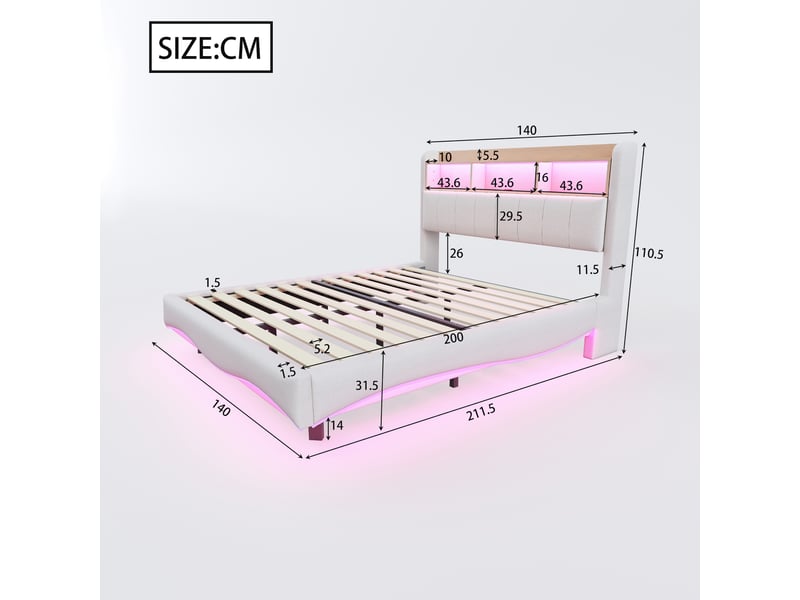 Lit rembourré design flottant 140x200 cm, lin beige, led, usb-c, étagère et coffre de tête et cadre métal  - Conforama B