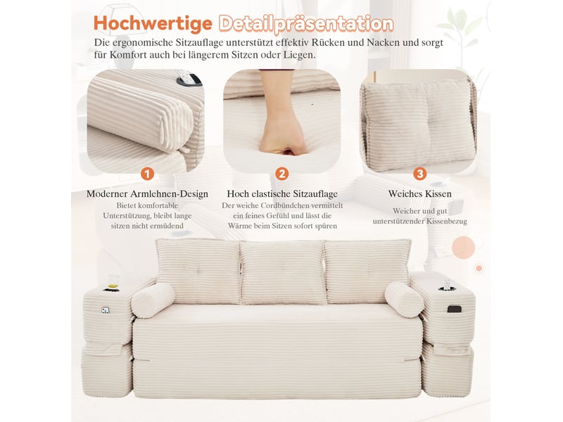 Canapé convertible 3 places 232x98x80 cm avec poches, porte-gobelets, design fonctionnel, pour salon, velours, beige - Conforama D