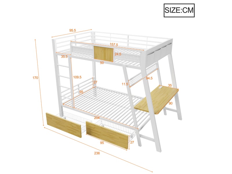  Lit superposé adolescent 2 places 90x200 cm - avec bureau, led, prises usb et type-c - rangement - métal blanc  - Conforama C