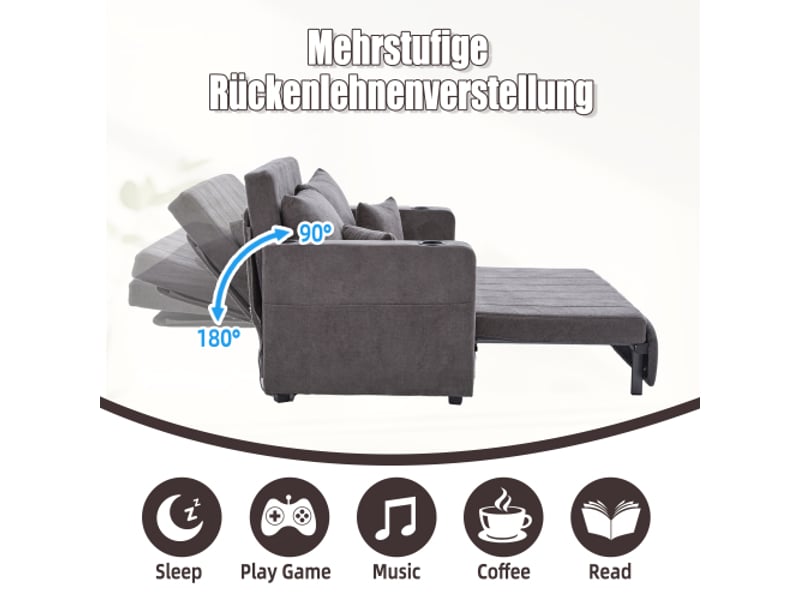  Canapé multifonction en tissu gris chenille, convertible, canapé-lit, rangements sur accoudoirs, usb et porte-gobelets  - Conforama E