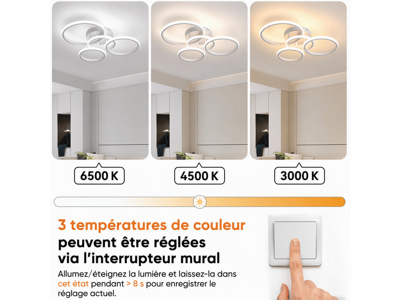  Plafonnier led moderne 4 anneaux, 48×44×10 cm, lampe de plafond 36 w 4181 lm, 3 couleurs, mémoire, blanc sablé, salon chambre cuisine  - Conforama E