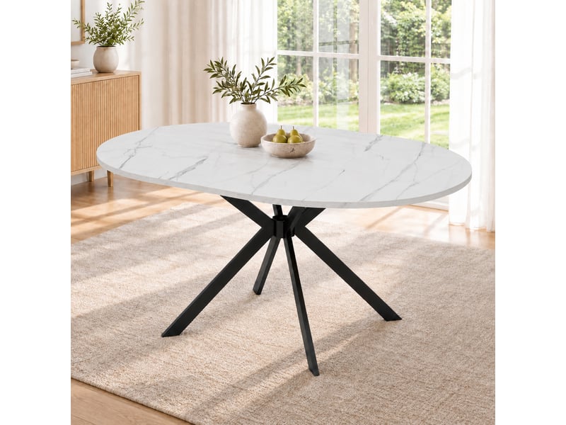 Table à manger extensible 100-140x100 cm pour 4 à 6 personnes, plateau rond à ovale avec rallonge intégrée, pieds en métal, mdf blanc - Conforama B