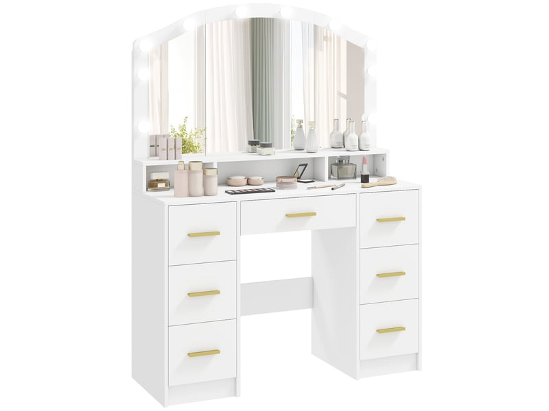  Coiffeuse avec miroir led 7 tiroirs et 3 compartiments blanc 110 x 40 x 150 cm  - Conforama A