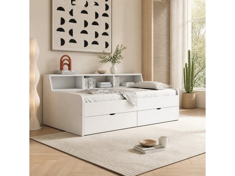  Lit simple 90x200 cm avec 2 tiroirs et 3 niches blanc  - Conforama D
