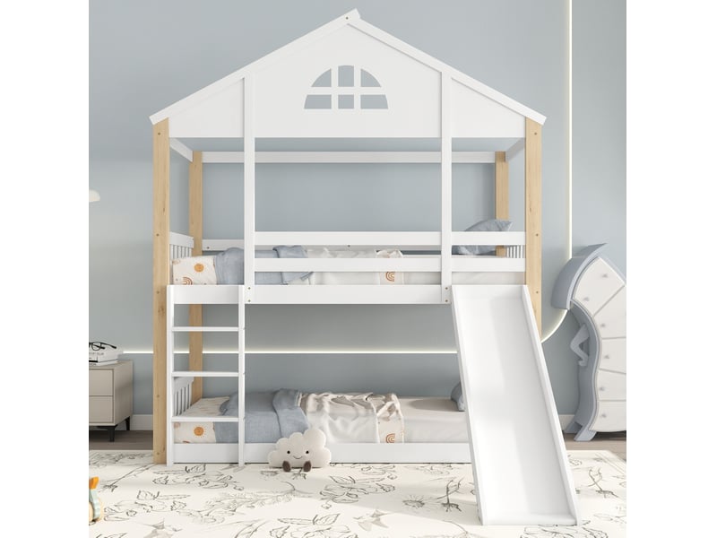  Lit superposé enfant maison 90x200 cm blanc et naturel avec toboggan  - Conforama D