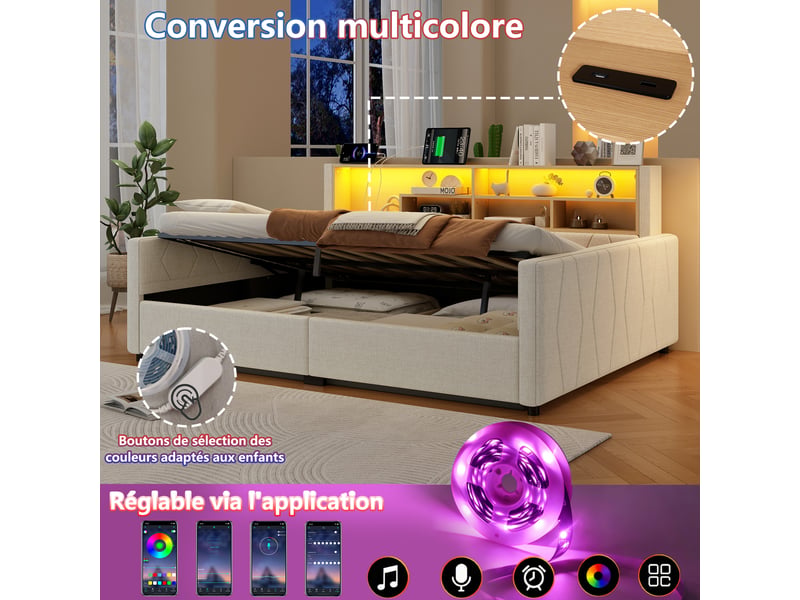 Canapé-lit rembourré 140x200 cm avec led et usb,lit coffre rangement hydraulique,tête de lit de rangement,tissu lin,beige - Conforama D