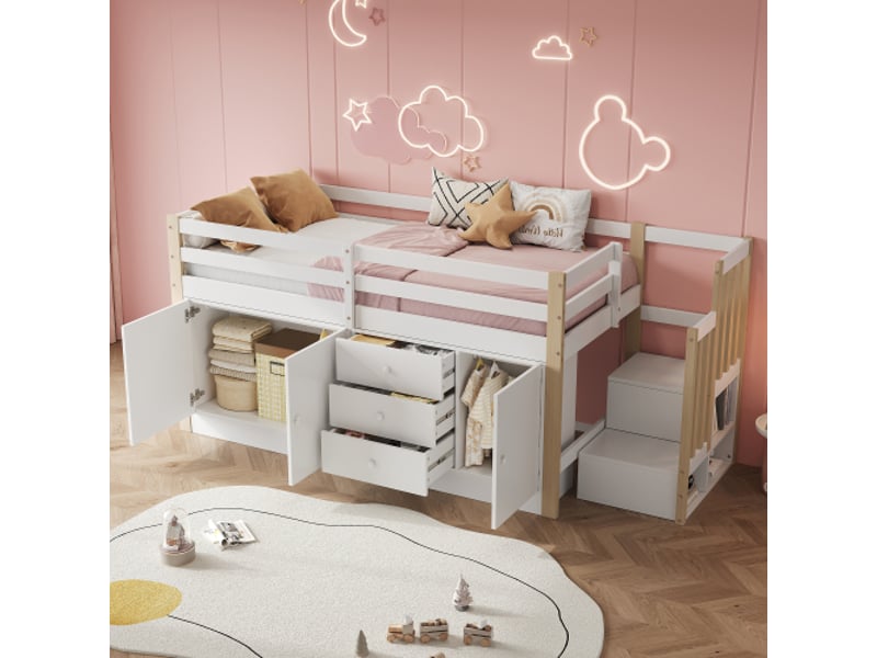  Lit mezzanine enfant 90x200 cm, lit simple, lit enfant avec escalier, tiroirs, 2 armoires de rangement et tringle à vêtements, sans matelas, blanc  - Conforama C