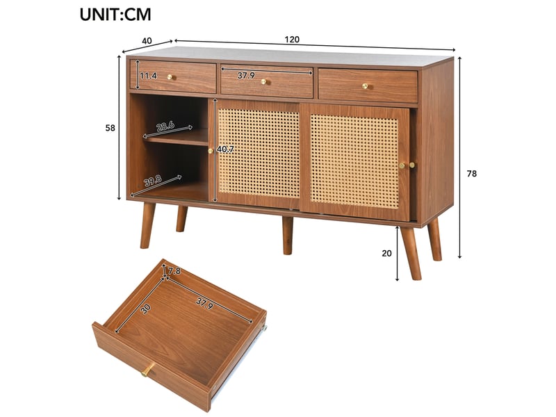  Buffet 3 portes coulissantes et 3 tiroirs en mdf, coloris noyer, 120 x 40 x 78 cm  - Conforama E