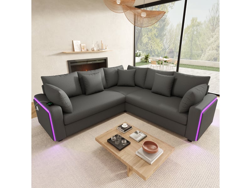 Canapé d'angle l avec éclairage led d'ambiance, port usb, en velours côtelé doux, coussins assortis inclus, design moderne, gris evarich - Conforama E