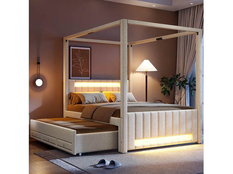  Lit baldaquin 140x200 cm, stockage, 3 tiroirs, lit gigogne avec éclairage led, lit adulte, tissu lin et mdf, beige, sans matelas  - Conforama E
