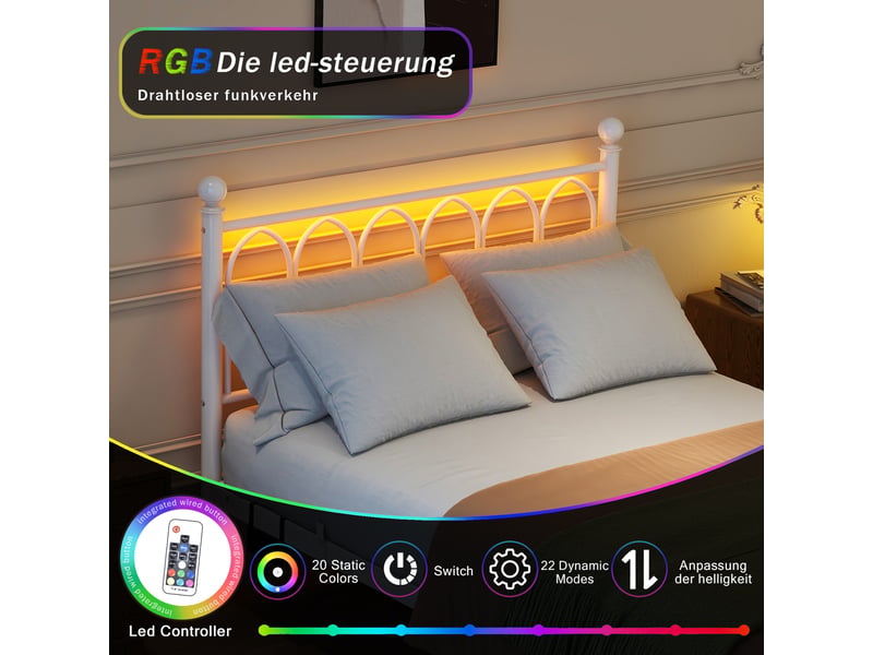  Lit simple 120×200 cm avec tête haute, led, espace de rangement, usb et prise - okmyhome- métal blanc, sans matelas  - Conforama E