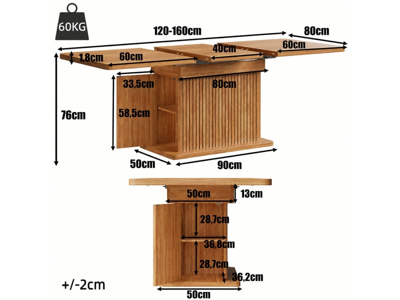  Table à manger extensible 120-160 cm avec rangement intégré, finition bois marron foncé  - Conforama C