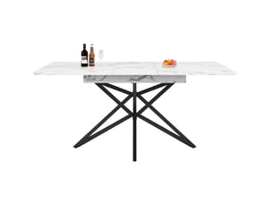 Table à manger extensible 120-160×80×76 cm, plateau finition marbre, mdf blanc, piètement étoile métallique noir
