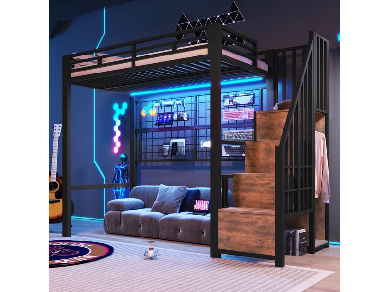 Lit mezzanine 90 x 200 cm, lit enfant surélevé, placard intégré, éclairage led, échelle, barrières de sécurité, métal, noir Morn Vibe - Conforama B