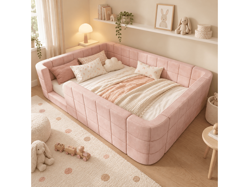  Lit au sol enfant rembourré 140x190 cm en chenille avec barrières de sécurité tout autour, accès bas et sommier à lattes - rose Morn Vibe - Conforama D