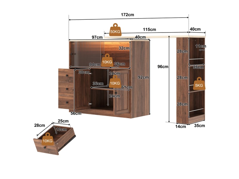  Îlot de cuisine extensible 172x40x96 cm avec rangement en mdf naturel  - Conforama C