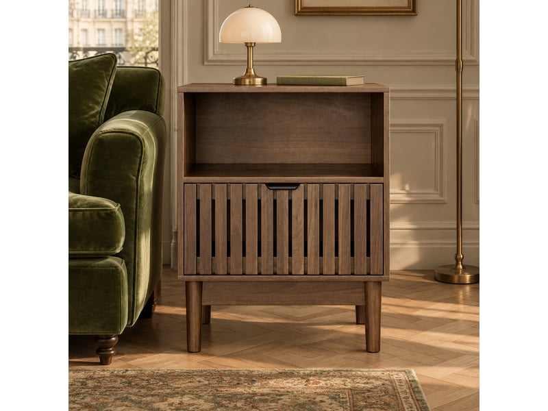  Table de chevet 45x39x56,5 cm avec tiroir en mdf noyer, design à lattes, meuble d’appoint pour chambre, salon  - Conforama D