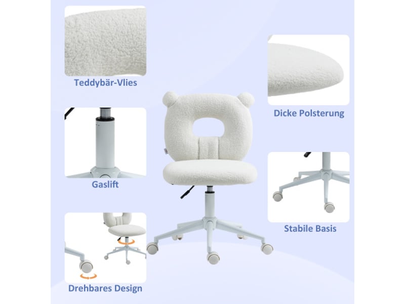  Chaise de bureau enfant pivotante, réglable en hauteur, sans accoudoirs, blanche  - Conforama D
